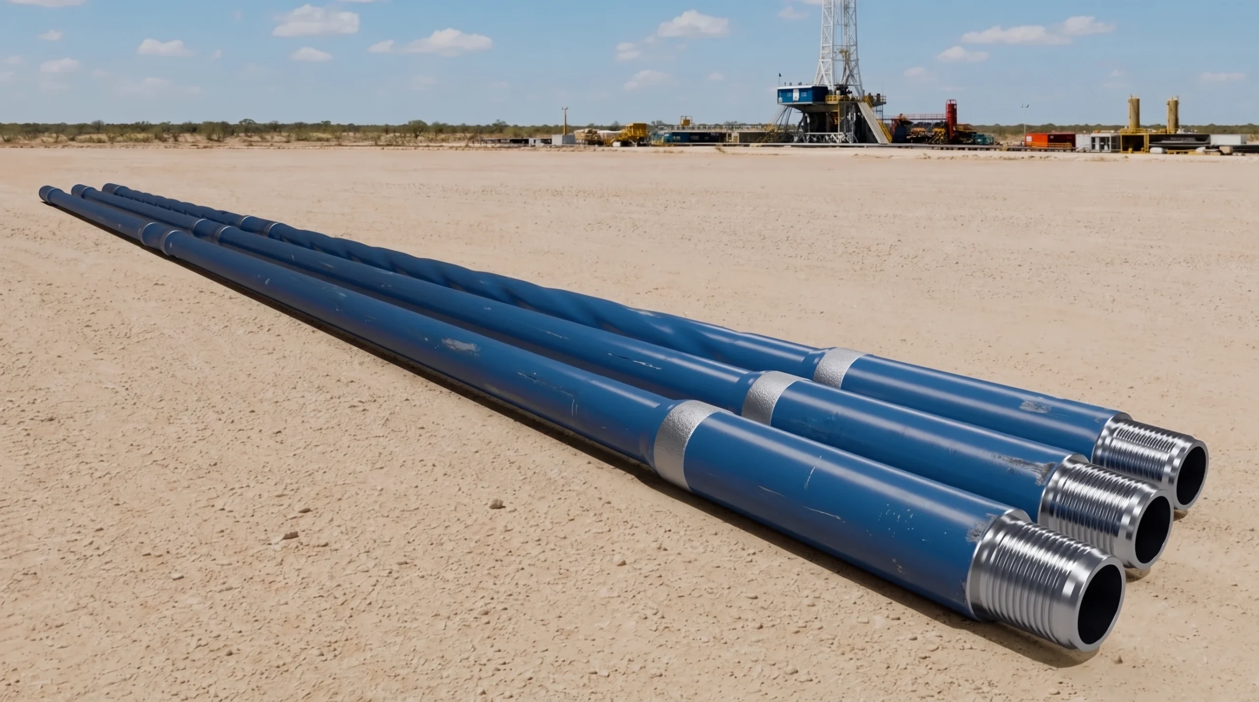 Three blue heavy weight drill pipe joints with worn paint, silver hardbands and exposed pin connections, including one spiral body, in a drilling yard.