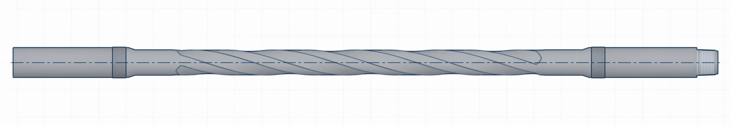 Illustration of spiraled heavy weight drill pipe with continuous recessed helical body grooves, no center pad or center bands, and retained connection ends. Length shortened for illustration.