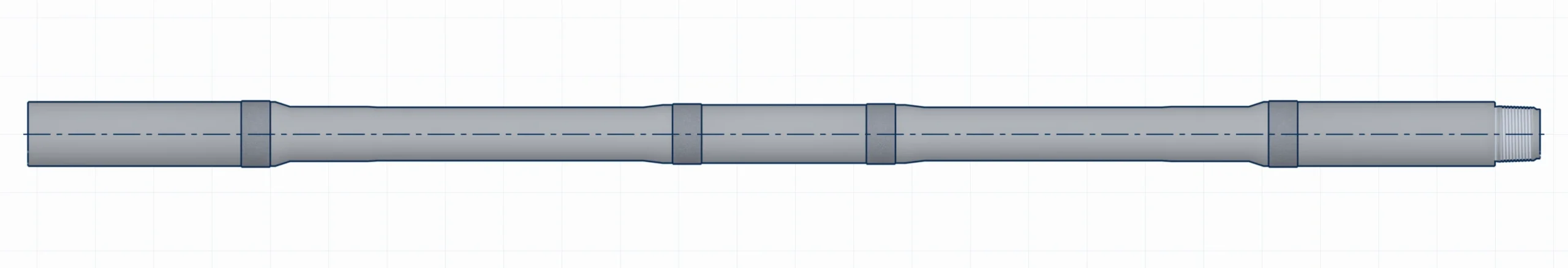 Illustration of standard heavy weight drill pipe, showing smooth body spans, center wear pad, hardbands and connection ends. Length shortened for illustration.