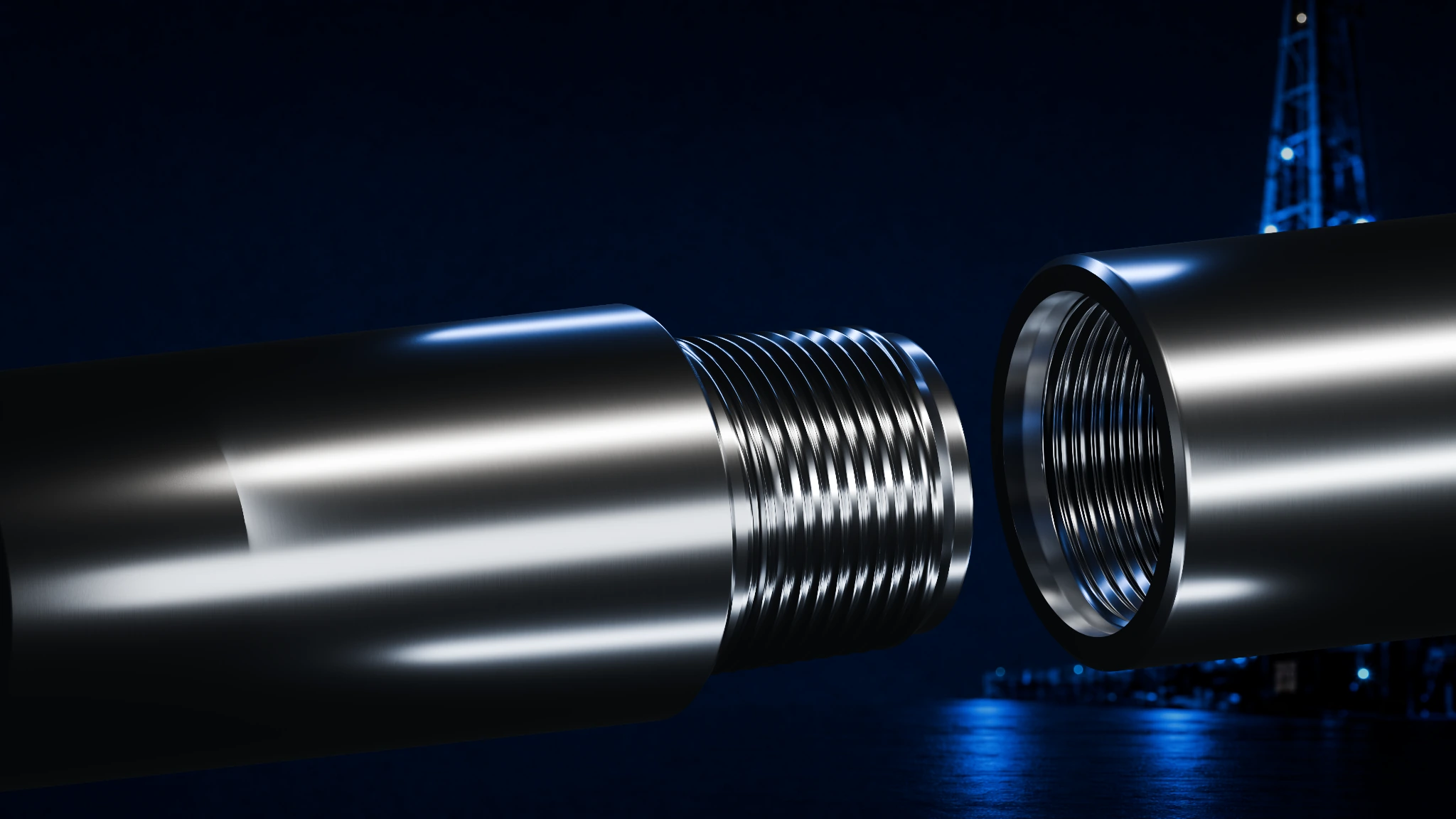 PTECH+52 connection hero - native Blender product render PTECH+52 pin and box tool joints with machined steel finish against an industrial night background.