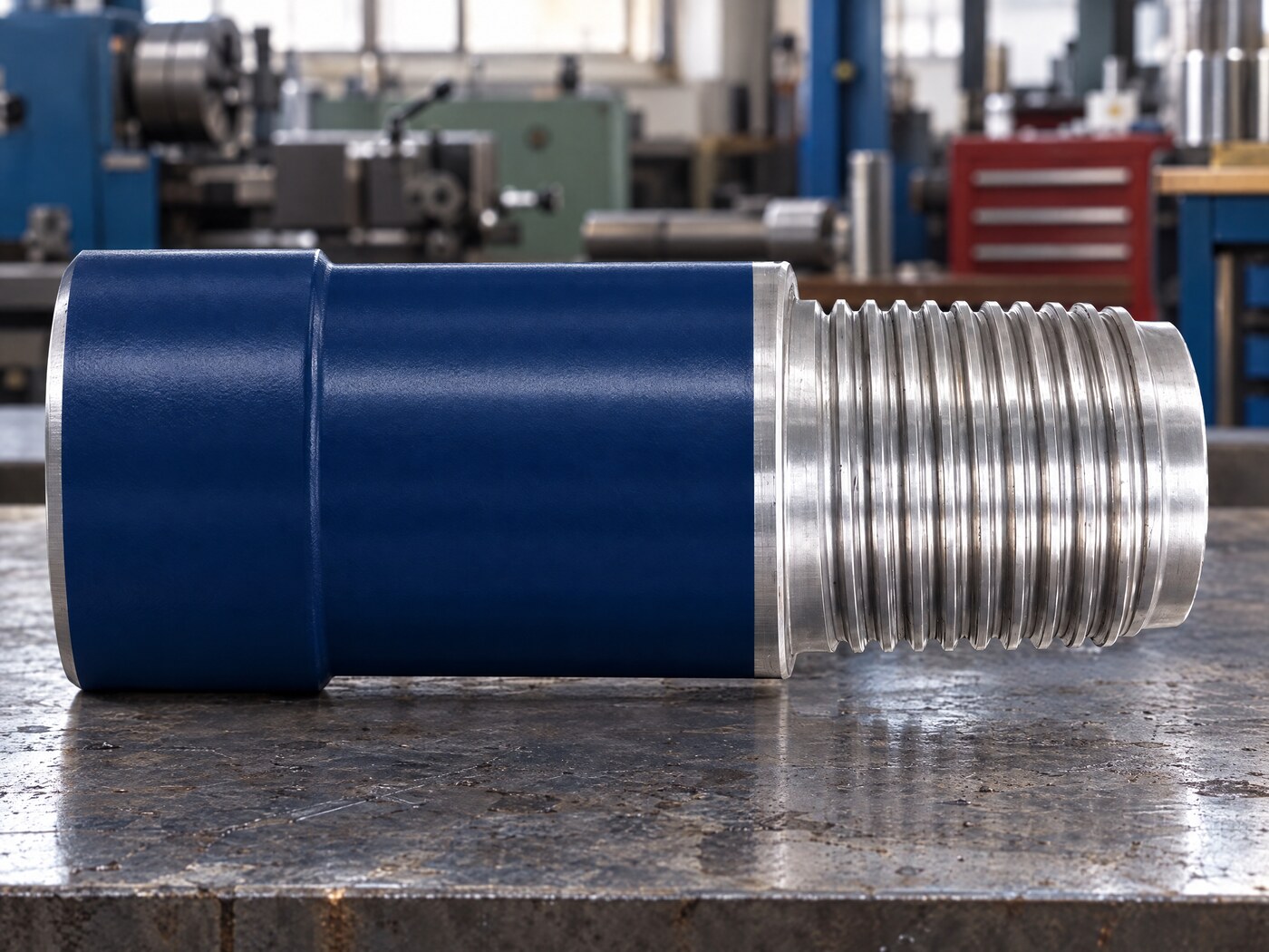 Saver sub with rotary-shouldered pin, navy painted body and bare machined connections on a shop bench