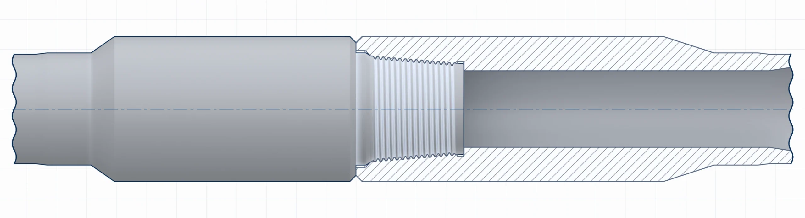 TSDS50 made-up connection, pipe to pipe, with the box in half section and the pin shown whole.